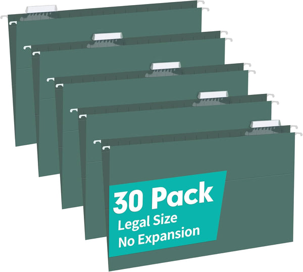 HERKKA 30 Pack Hanging File Folders, Legal Size, Heavy Duty 0 Inch Expansion, Green, Adjustable Tabs for Bulky Files