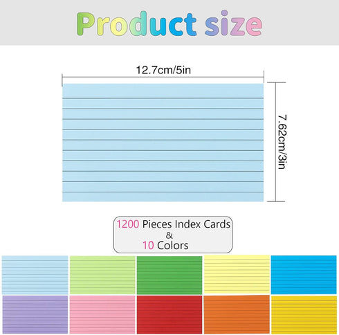 Rcybeo 1200 3 5 10 Pieces Index Cards Ruled x Color Index Cards Bulk, Flash Cards, Study Cards, Note Cards for Learning