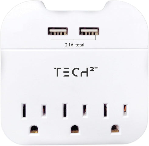 Tech2 3-Outlet Surge Protector Power Strip with 2 USB Charging Ports, ETL Certified for Home, School, or Office