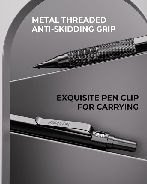 Nicpro 30PCS Black Metal Mechanical Pencil Set, Art Drafting Pencil 0.5, 0.7, 0.9 mm, 2mm Lead Holders with 16 Tube