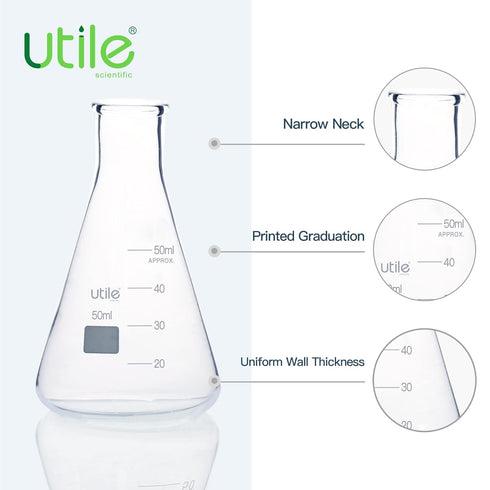 Utile Glass Erlenmeyer Flask Set - 50ml Narrow Mouth Borosilicate 3.3 Glass Flasks, 6pcs for Laboratory