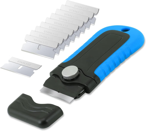 Gomake Locking Razor Blade Scraper with Safety Cap, Glass Cooktop Scraper with 10PCS Blades (Blue)