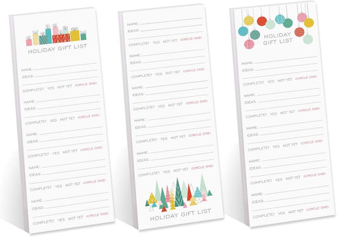 Modern Holiday Gift Checklist Set of 3 Colorful Christmas Note Pads, 3" x 8", 50 Sheets Per Pad, Made in USA