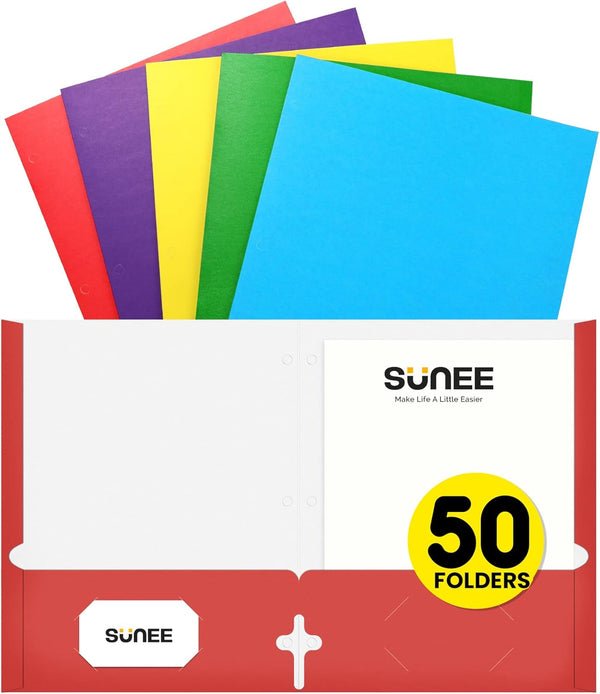 SUNEE Folders with Pockets 3 Hole Punched, 50 Pack Assorted Colors, 2 Pocket Folders for School and Office