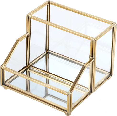 Hipiwe Glass Business Card Holder Stand with Pen/Pencil Organizer, Gold Business Name Cards Display Holder for Home