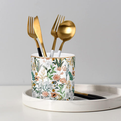 WAVEYU Large Capacity White Flower Ceramic Pen Holder for Desk, Makeup Brush, Marker, and Pencil Storage Organizer