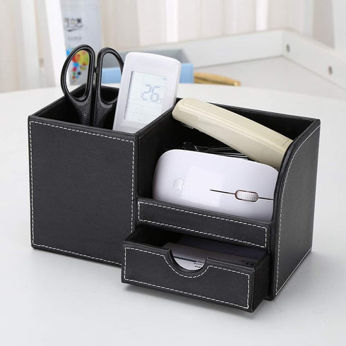 KINGFOM Black Desk Organizer Caddy, Pu Leather Multi-function Storage Box for Pen/Pencil, Cell Phone, Business Cards,