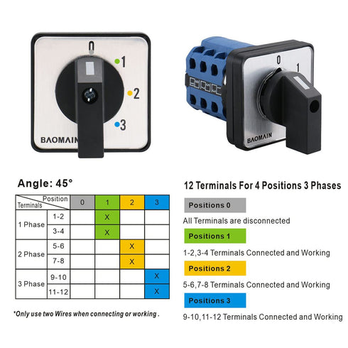 Baomain Rotary Cam Changeover Switch LW28-20/0123.3, 660V 20A, 12 Terminals, 4 Positions