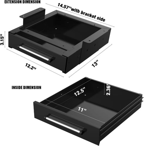 Under Desk Drawer Storage, Pull-Out Hidden Counter Drawer, Metal Sliding Organizer, Optional Bracket Height, Black