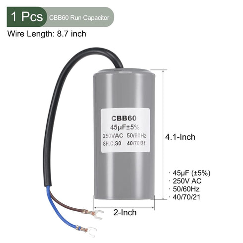 YOKIVE CBB60 Run Capacitor, 250V AC 45uF 50/60Hz with 2 Wires Lead Run Round Capacitor, Low Loss, Great for Washing Machines Motor (Gray, 104x50mm)