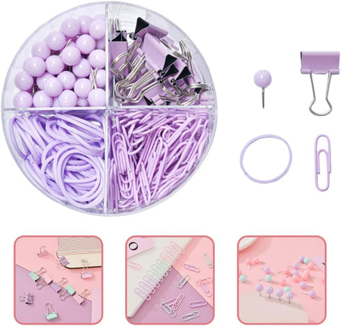 Push Pin Clips, Office Decor, Purple Office Supplies for Women, Paper Clips Push Set, Mini Binder Organizer