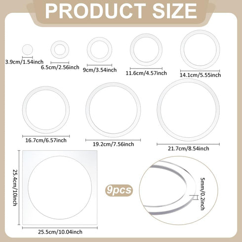 9Pcs 10/8.5/7.6/6.6/5.5/4.5/3.5/2.5/1.5 Inch BENECREAT Ring Router Templates, Transparent Acrylic Tracing Template