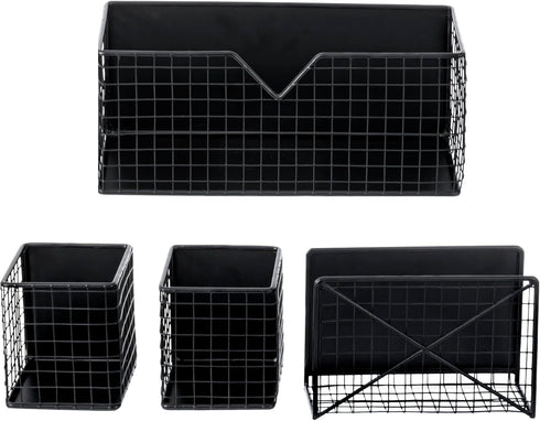 MyGift Magnetic Office Supplies Storage Organizer Baskets, Industrial Matte Black Metal Wire Mesh Mail Slot, 4 Piece Set