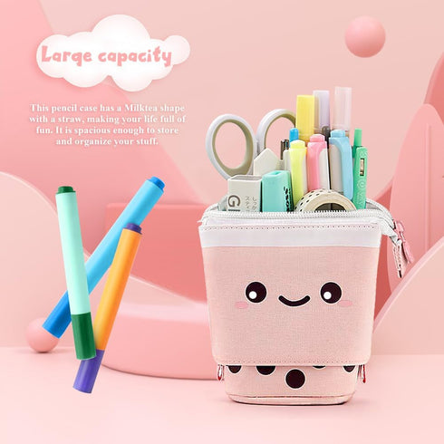 Cute Standing Pencil Case for Kids, Pop Up Pencil Box Makeup Pouch, Christmas Gift Corduroy Organizer (Pink)