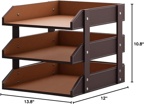Leather Desk Organizer, Thipoten 3-Tier Stackable Letter Tray Holder for Office Supplies, Paper, File, Magazine,