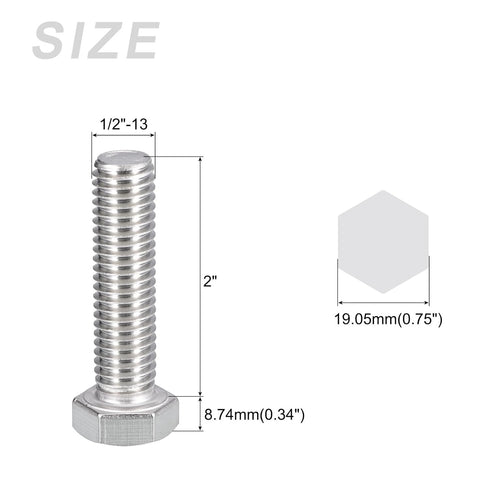 Hex Bolts 5Pcs (1/2-13x2") - 316 Stainless Steel UNC Fully Threaded Hex Head Screw Bolt for Furniture Repair, Silver
