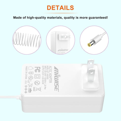 Power Supply Adapter DC24 2A 48W AC to DC Converter for COB LED Strip, CCTV Camera, White, 2.1mm X 5.5mm