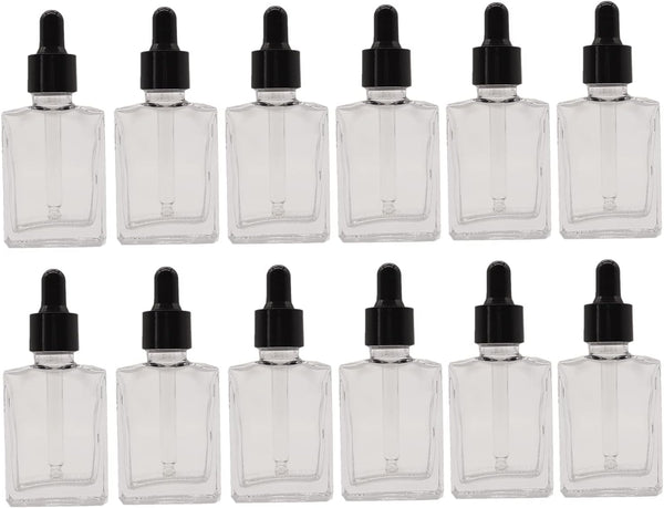 Glass Bottle for Essential Oils, 1 oz Small Empty Drop Bottle, 30ml Square Glass Lab Dropping Container (Clear, 12PCS)