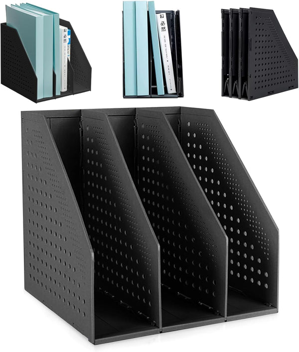 SAYEEC 1Pcs Collapsible Plastic Magazine File Holder, 3 Compartments for Desk Organizer (Black)