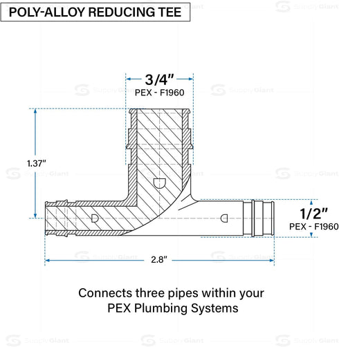 Poly Pex-A Expansion Tee Fitting, 1/2" x 1/2" x 3/4", Plastic Pipe Fitting for Pex-A Tubing