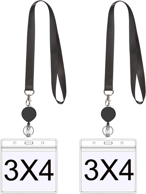YOUOWO Black Lanyard with Horizontal ID Badge Holder 4x3 and Retractable Badge Reel, 2 Pack
