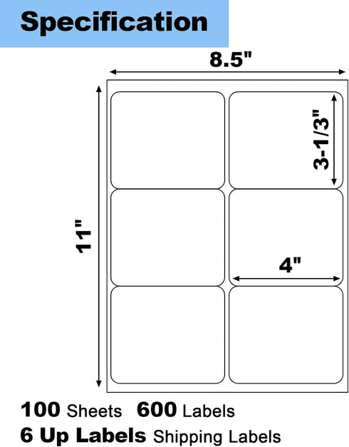 Risepekt 600 6 Labels,4" 3-1/3" 100 6 6 Pcs Up x Shipping Address Labels for Laser & Inkjet and Copier Printer, Sheets