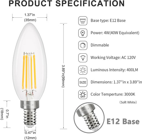 10 Pack B11 Dimmable Bulbs, E12 40W 3000K Bulbs, 120V 400 Bulbs comzler Candelabra LED Small Base Equivalent Soft White