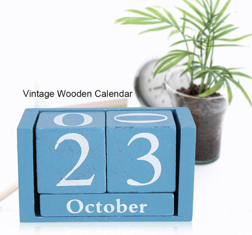 European Perpetual Wooden Calendar, Desktop Block Wood Calendar DIY Yearly Planner, 9.4 x 5.2 x 4.1cm (Blue)