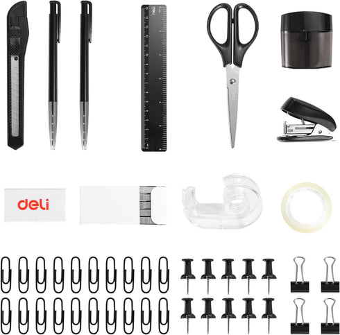 deli 15 Pcs Office Supplies Kit, Desk Accessories Set with Organizer, Staple, Sharpener, Scissors, Binder Clips