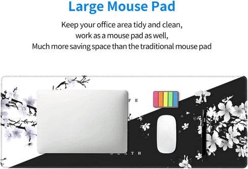 Japanese Life Death Keyboard Mat, Black White Anime Gaming Mouse Pad with Anti-Slip Rubber Base, Sakura Pagoda Sun
