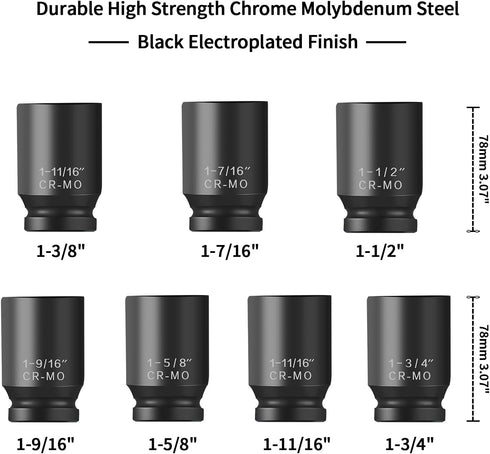 TONYNOL 1/2 Inch Set, 6-Point, SAE(1/2 1-3/8"to1-3/4"), 7 Set, Drive Deep Impact Socket Drive PCS, Cr-Mo, Heavy Duty