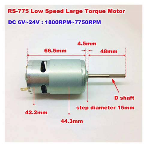 SQGGMOAUSC 42mm RS-775 12V-24V 7750RPM 48mm Carbon Brush Electronic Starter DC Large Torque D-Shaft Long Shaft DIY Tool