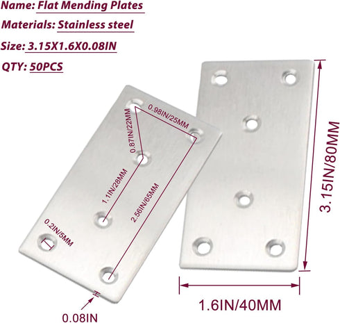 50PCS Plates,3-1/8''304 Fixing-Silver,3.15X1.57X0.08IN Flat Mending Heavy Duty Stainless Steel Straight Mending Joining