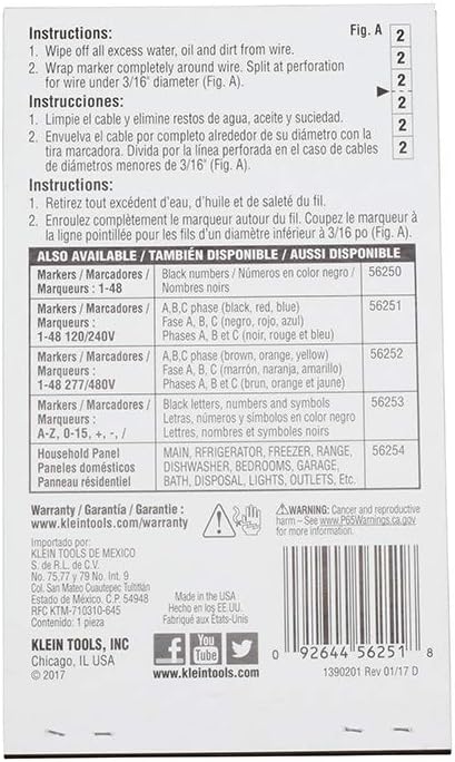 Klein Tools 56251 Wire Marker Book, 120/240V 3 Phase, 1-48