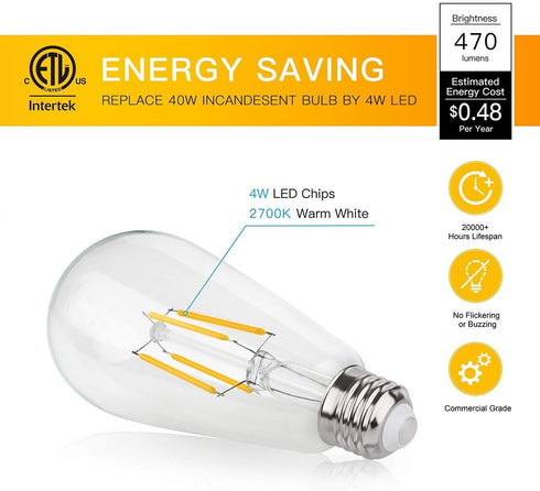 Dimmable Vintage Edison LED Bulb,Antique 40W Vintage Edison Bulb,E26 Light Bulb Led Bulb 400 Lumens Warm white 2700K,Pack of 6 by liveMAX