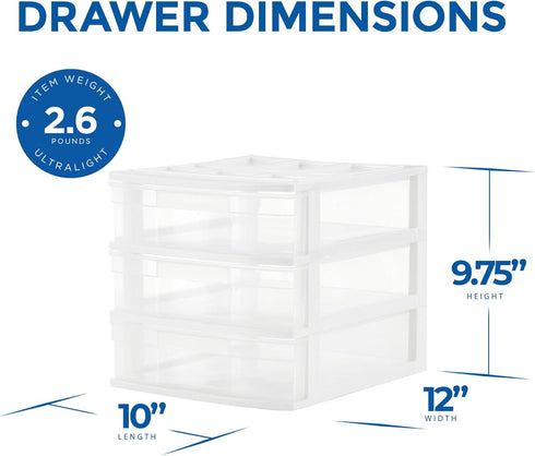 Gracious Living 3 Drawer Desktop Organizer, Craft Storage with Organization Lid for Office Supplies, White/Clear