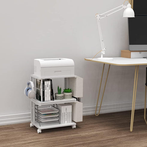 VEDECASA 2 Tier Modern White Wooden Under Desk Printer Stand with Storage Bag for Home Office