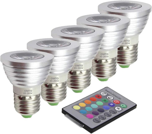 OMTO E26/E27 3W RGB Color Changing Spotlight, Dimmable with IR Remote Control, Pack of 5, Mood Ambiance Lighting