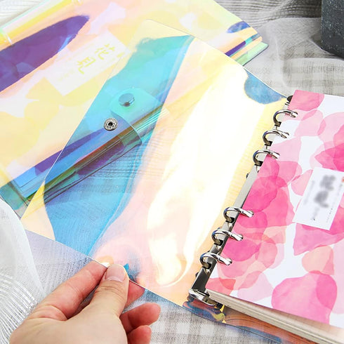 Clear Rainbow 6-Ring PVC Binder Cover, 2 Pcs, Holographic Notebook Protector with Button Closure