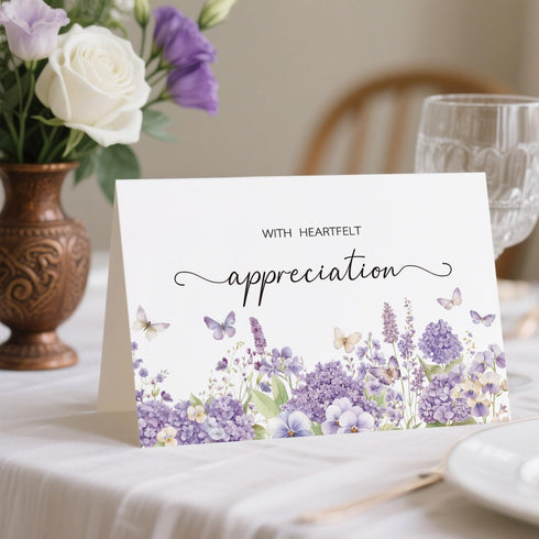 Set 50, 4x6In Funeral Thank You Cards with Envelopes, of Purple Watercolor Floral Butterfly Design Message Inside