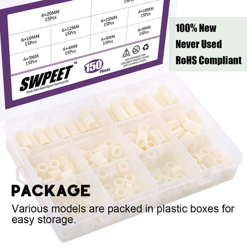 Swpeet 150Pcs Nylon Round Spacer Standoff Screw Nut Assortment Kit, Nylon PA66 Plastic Standoff for M6 Screws
