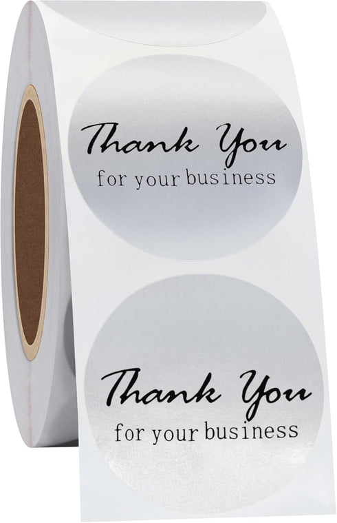 Hybsk Gold Foil Thank You for Your Business Stickers, 1.5" Round, Total 500 Labels Per Roll (Silver)
