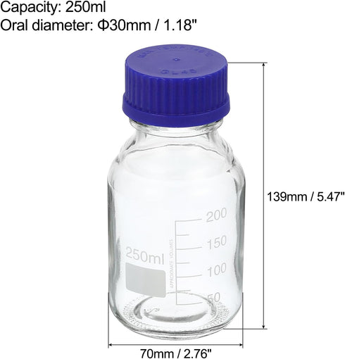 PATIKIL 250mL Reagent Media Bottle, 1Pcs Round Graduated Glass Storage Bottle Blue Screw Cap for Chemistry Lab Universities Home, Clear by PATIKIL