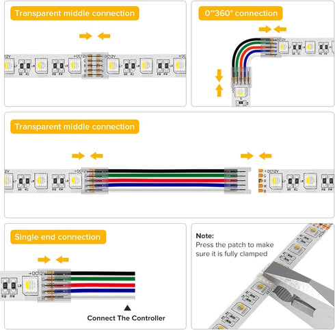 BTF-LIGHTING SMD 5 Pin 12mm 0.47in Width Transparent Connector Kit 8pcs Corner Connector 4pcs Gapless Solderless Connector 4pcs 5.9in Long 22AWG Extension Wires Support 5050 SMD RGBW LED Strip by BTF-LIGHTING