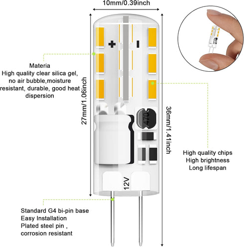 G4 LED Bulb JC Type Bi-Pin Base, 1.5W AC/DC 12V, 10W T3 Halogen Replacement, Warm White 3000K, 10-Pack