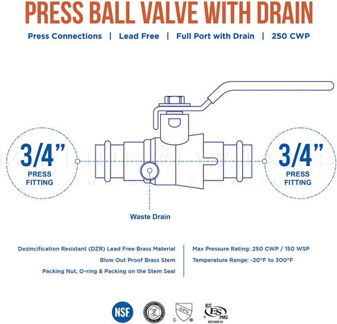 Midline Valve 532VLV034D Premium Brass Press Ball Valve with Drain, 3/4 in. Connections