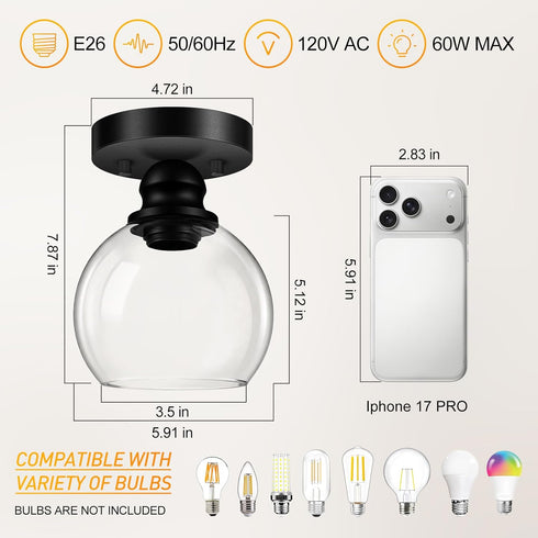 5.91 Inch Closet (E26 Bulb) Industrial Semi Flush Mount Ceiling Light, Clear Glass Ceiling Lamp Shade, Matte Black
