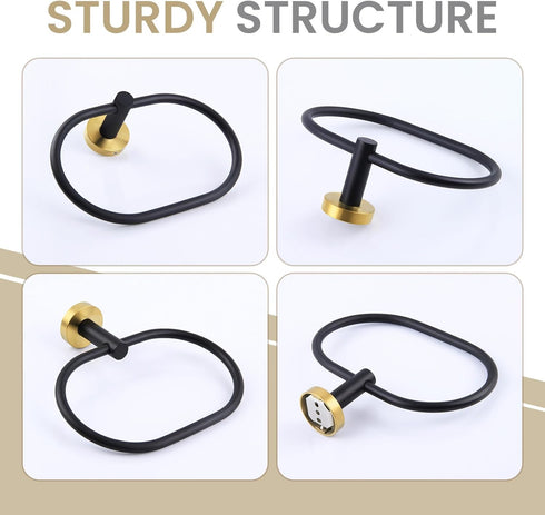 Towel Ring Black & Gold, Suyar Stainless Steel Hand Towel Holder, Oval Shape Towel Rack for Bathroom Wall