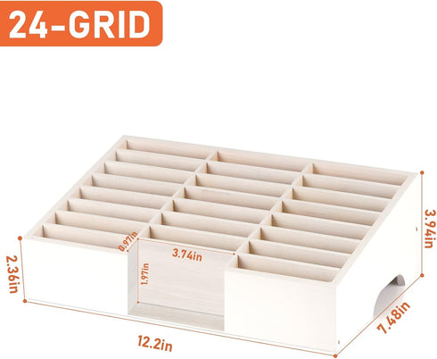 Wooden 24-Grid Cell Phone Storage Box - Desktop Mobile Phone Holder Organizer for Office, School, Classroom (White)