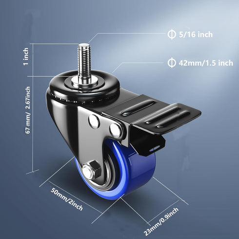Stem Caster Wheels 2 inch Heavy Duty, Swivel Threaded Stem Mount Casters Set of 4 with American Size UNC 5/16"-18 x 1"